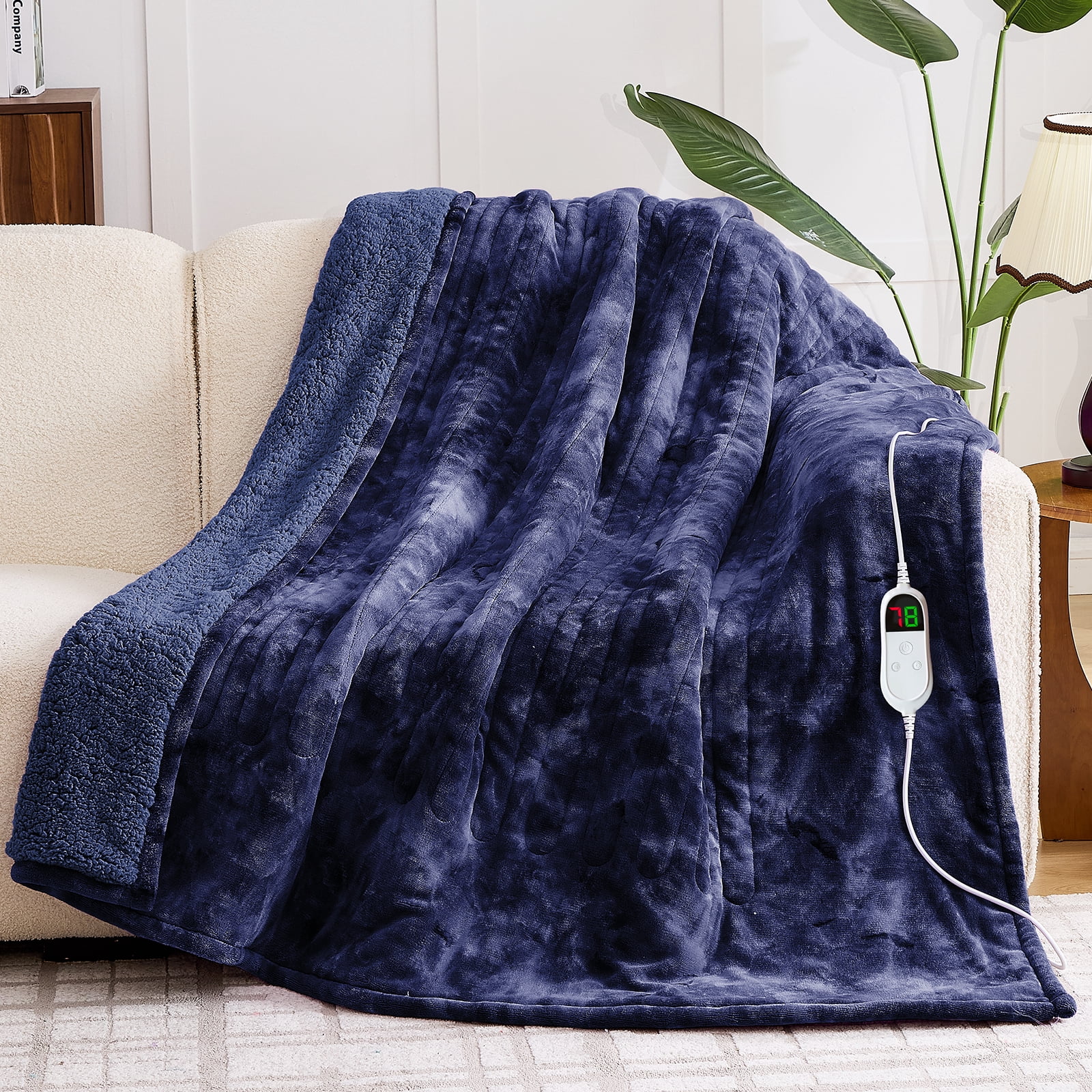 PMONPA Electric Heated Blanket, 51"x61" Heating Blanket for Adult, Soft Flannel & Sherpa, 10 Heating Levels & 1-8 Hours Auto off, Blue