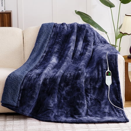 PMONPA Electric Heated Blanket, 51"x61" Heating Blanket for Adult, Soft Flannel & Sherpa, 10 Heating Levels & 1-8 Hours Auto off, Blue