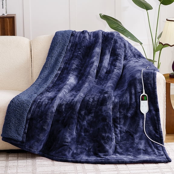 PMONPA Electric Heated Blanket, 51"x61" Heating Blanket for Adult, Soft Flannel & Sherpa, 10 Heating Levels & 1-8 Hours Auto off, Blue