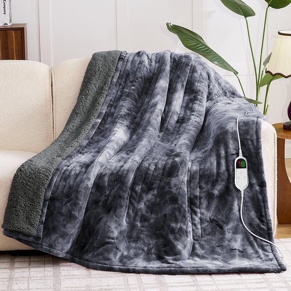 PMONPA Electric Heated Blanket, 51"x61" Heating Blanket for Adult, Soft Flannel & Sherpa, 10 Heating Levels & 1-8 Hours Auto off, Gray