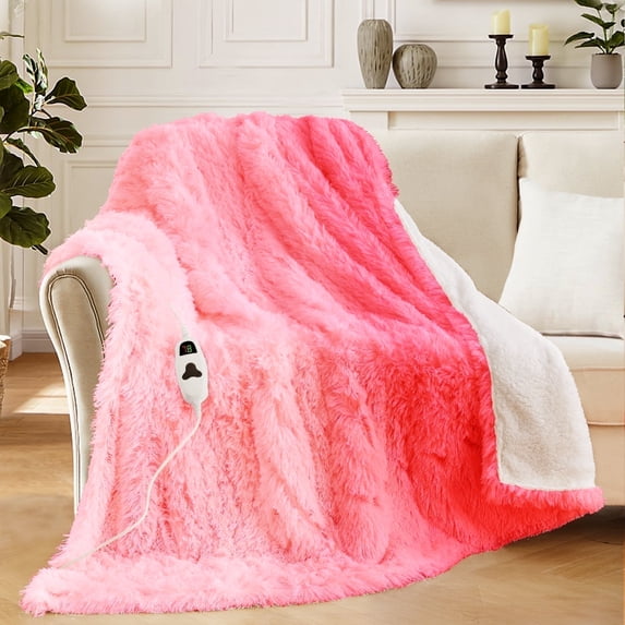 PMONPA Heated Blanket for Adult, Soft Faux Fur & Sherpa Electric Blanket, Fast-Heating with 10 Heating Levels & 5 Options Auto off, 51"x 61", Pink