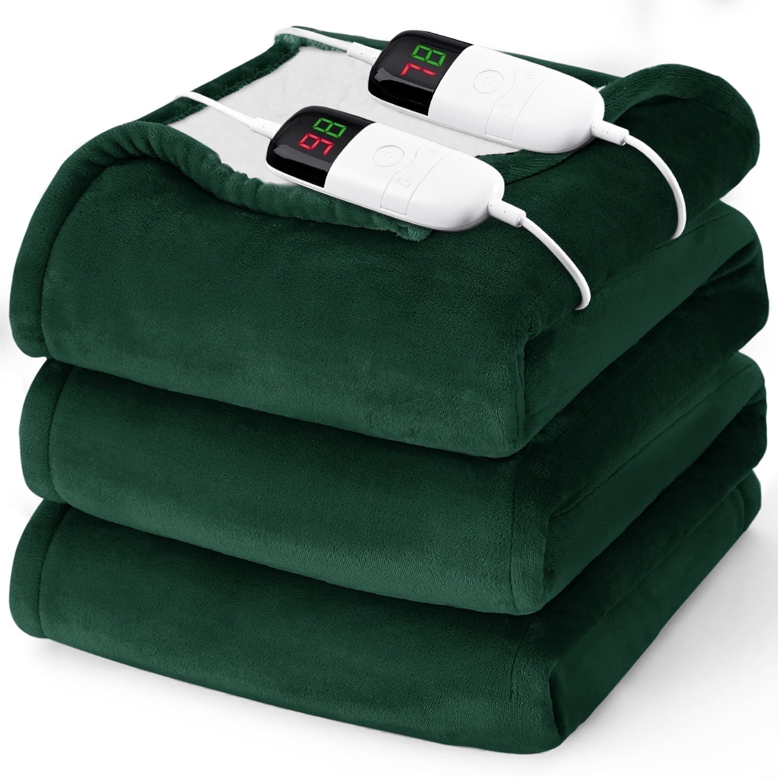 PMONPA Electric Heated Blanket, Flannel & Sherpa Heating Blanket for Adult, Fast-Heating with 10 Heat Levels 5 Time Settings (101"x91", Dark Green)