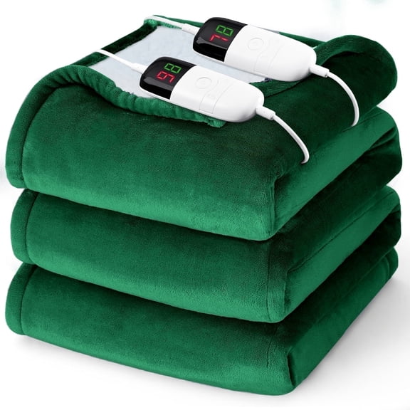 PMONPA Electric Heated Blanket, Flannel & Sherpa Heating Blanket for Adult, Fast-Heating with 10 Heat Levels 5 Time Settings (63"x85", Green)