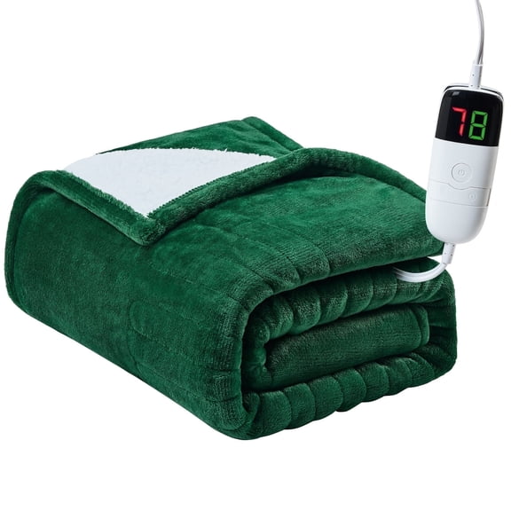 PMONPA Electric Heated Blanket, Flannel & Sherpa Heating Blanket for Adult, Fast-Heating with 10 Heat Levels 5 Time Settings (51"x61", Green)