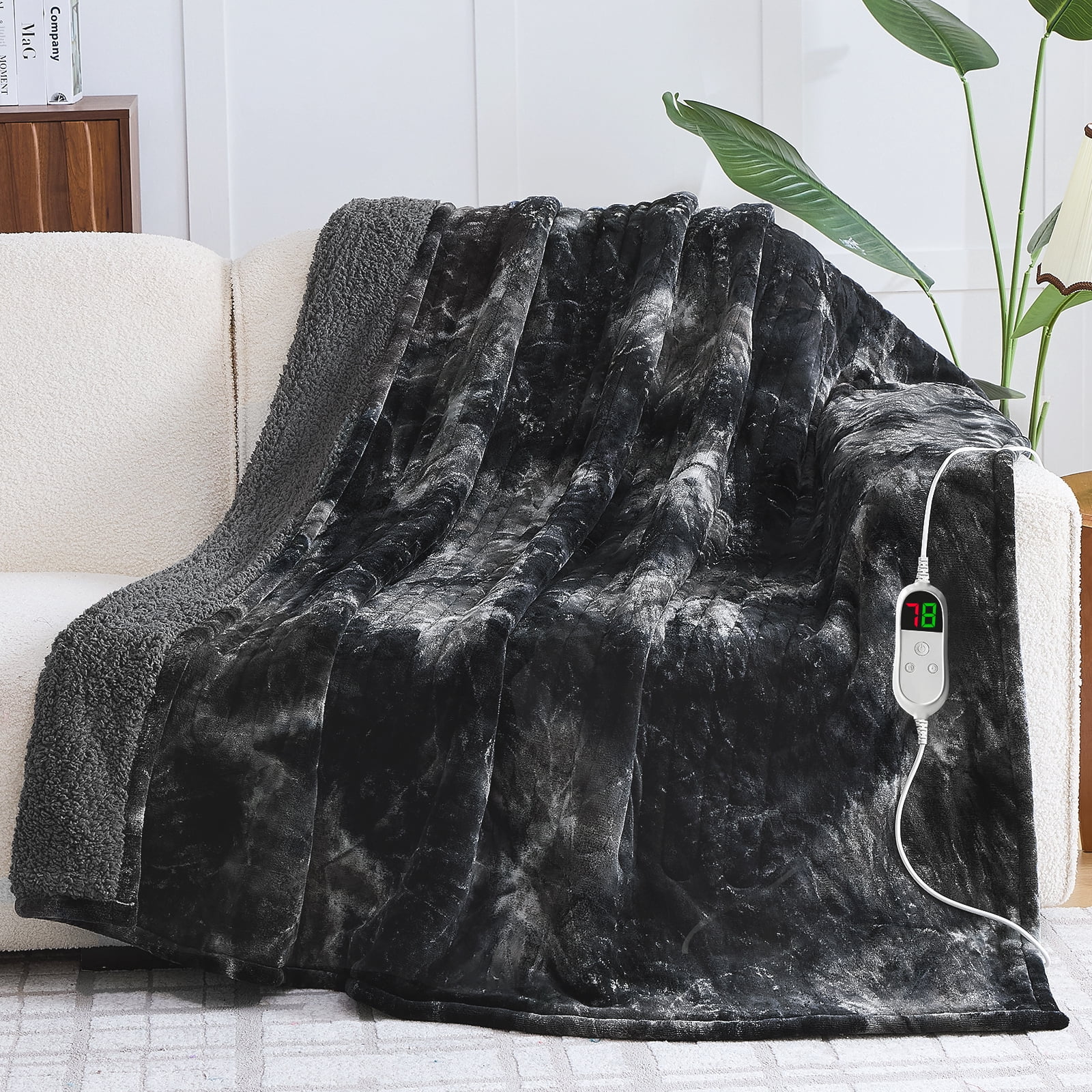 PMONPA Electric Heated Blanket, 51"x61" Heating Blanket for Adult, Soft Flannel & Sherpa, 10 Heating Levels & 1-8 Hours Auto off, Black