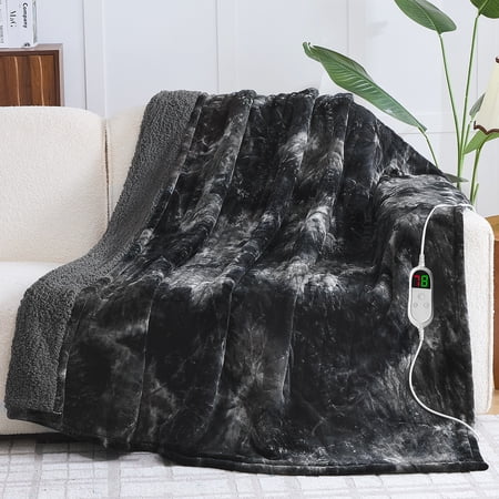 PMONPA Electric Heated Blanket, 51"x61" Heating Blanket for Adult, Soft Flannel & Sherpa, 10 Heating Levels & 1-8 Hours Auto off, Black