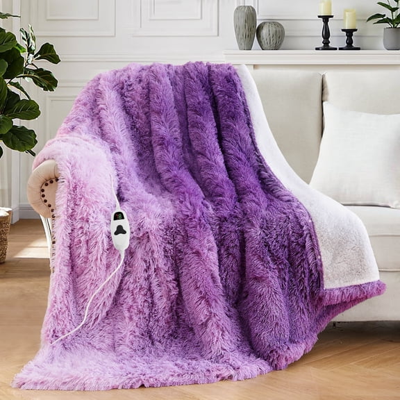 PMONPA Heated Blanket for Adult, Soft Faux Fur & Sherpa Electric Blanket, Fast-Heating with 10 Heating Levels & 5 Options Auto off, 51"x 61", Purple