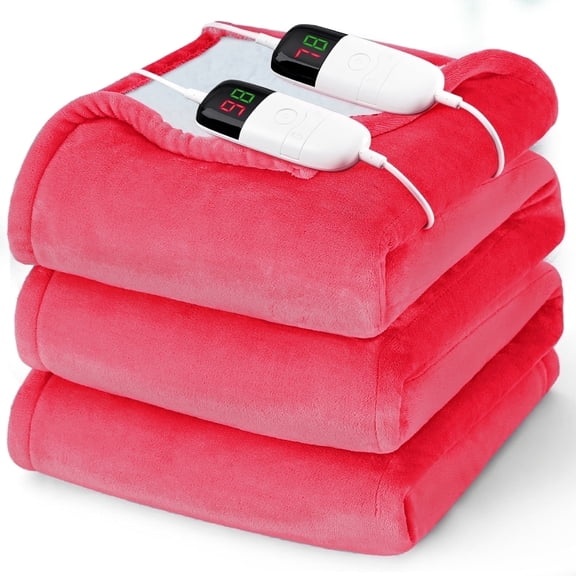 PMONPA Electric Heated Blanket, Flannel & Sherpa Heating Blanket for Adult, Fast-Heating with 10 Heat Levels 5 Time Settings (63"x85", Pink)
