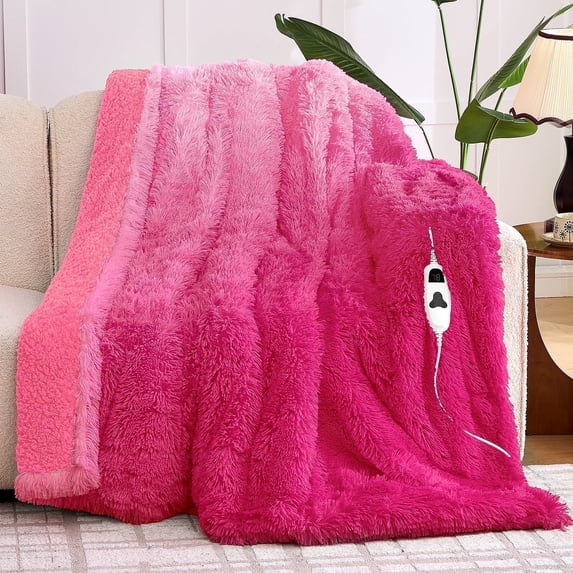 PMONPA Heated Blanket for Adult, Soft Faux Fur & Sherpa Electric Blanket, Fast-Heating with 10 Heating Levels & 5 Options Auto off, 51"x 61", Rose Red