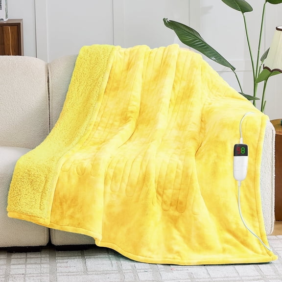 PMONPA Electric Heated Blanket, 51"x61" Heating Blanket for Adult, Soft Flannel & Sherpa, 10 Heating Levels & 1-8 Hours Auto off, Lemon Yellow