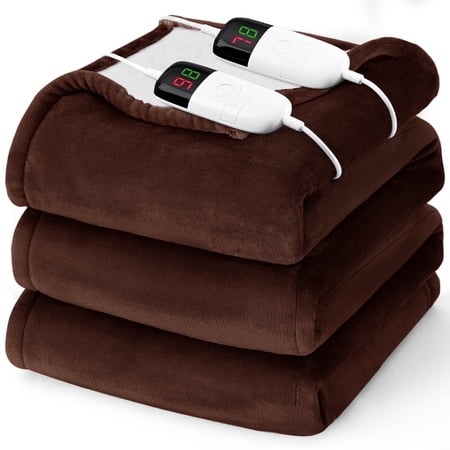 PMONPA Electric Heated Blanket, Flannel & Sherpa Heating Blanket for Adult, Fast-Heating with 10 Heat Levels 5 Time Settings (85"x91", Coffee)