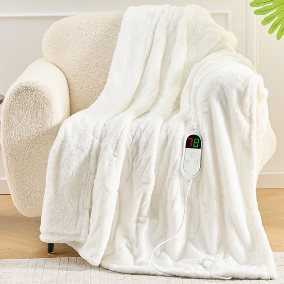 PMONPA Electric Heated Blanket, 51"x61" Heating Blanket for Adult, Soft Flannel & Sherpa, 10 Heating Levels & 1-8 Hours Auto off, White