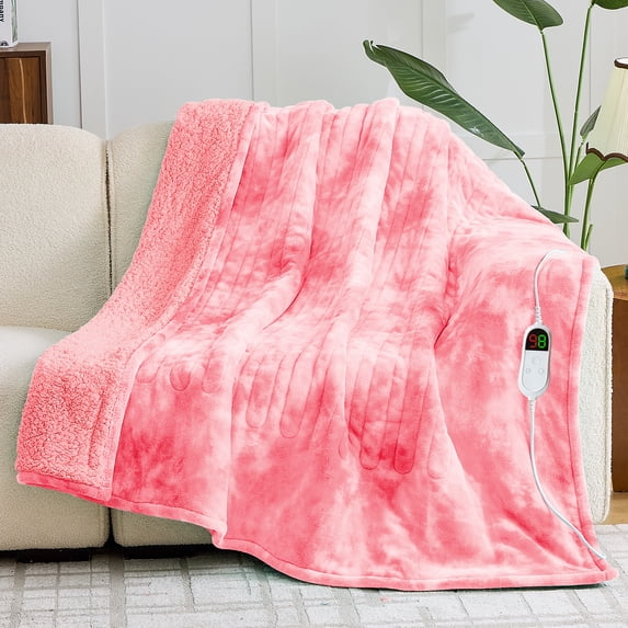 PMONPA Electric Heated Blanket, 51"x61" Heating Blanket for Adult, Soft Flannel & Sherpa, 10 Heating Levels & 1-8 Hours Auto off, Light Pink