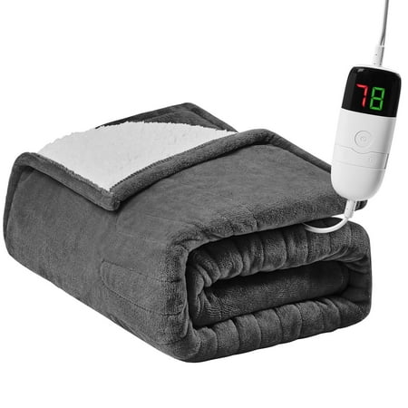 PMONPA Electric Heated Blanket Throw, Heating Blanket with 10 Heat Levels 5 Time Settings Fast Heating, Flannel & Sherpa (50"x60")