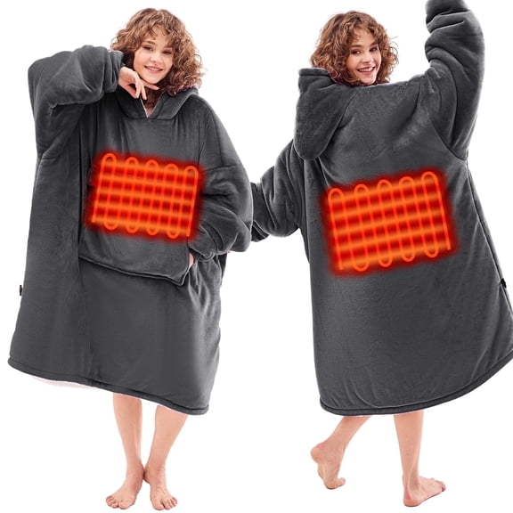 PMONPA Heated Wearable Blanket, Oversized Wearable Heated Blanket for Adult Extra Long Version, Sherpa Fleece Blanket Hoodie, One Size, Grey