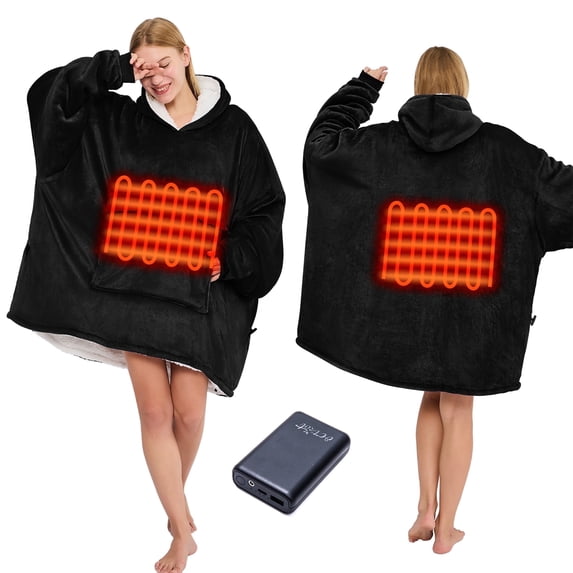 PMONPA Heated Wearable Blanket, Oversized Wearable Heated Blanket for Adult, Sherpa Fleece Blanket Hoodie, One Size, Black