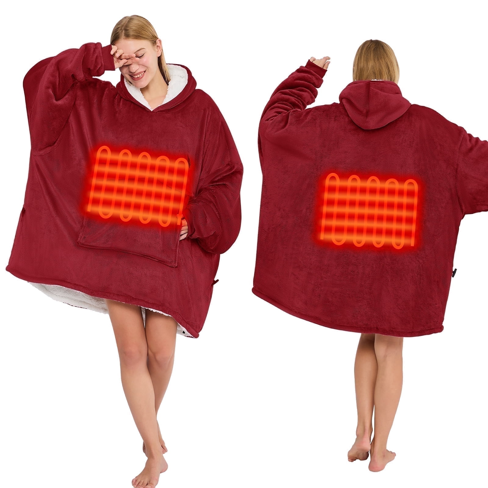 PMONPA Heated Wearable Blanket, Oversized Wearable Heated Blanket for Adult, Sherpa Fleece Blanket Hoodie, One Size, Burgundy