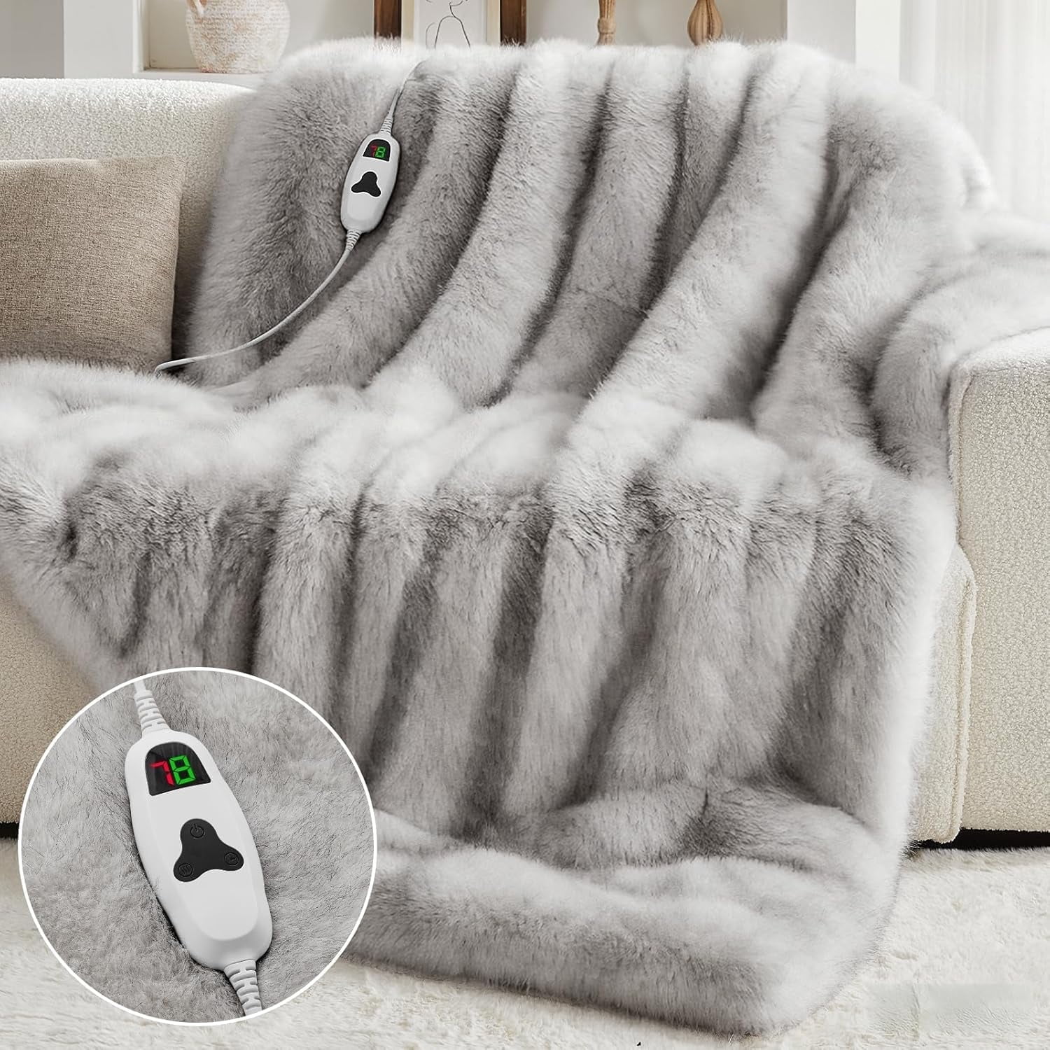 PMONPA Electric Heated Blanket, 61"×81" Faux Fur Heated Blanket for Adult, Fast Heating with 4 Hours Auto Shut Off Timer, Black & White
