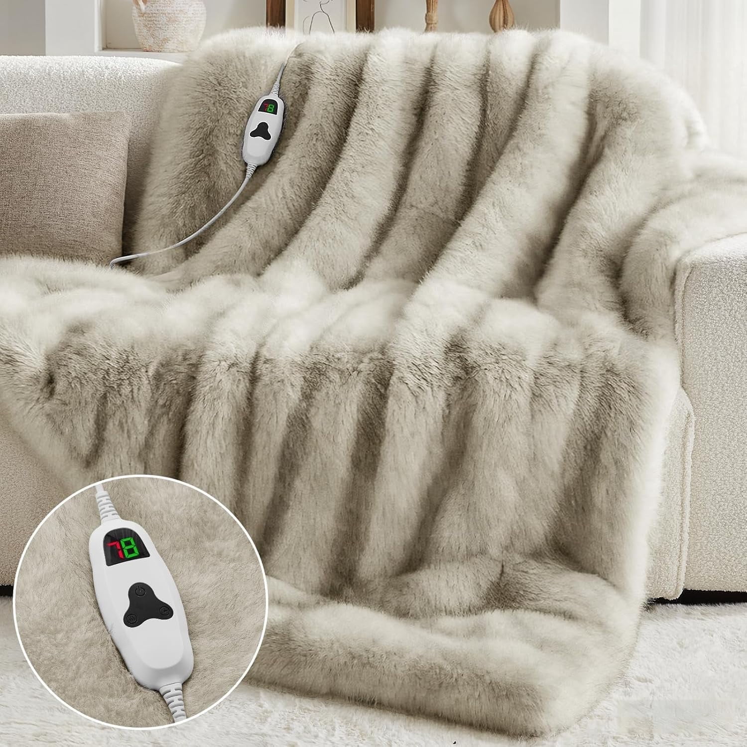 PMONPA Electric Heated Blanket, 51"×61" Faux Fur Heated Blanket for Adult, Fast Heating with 4 Hours Auto Shut Off Timer, Beige & Black