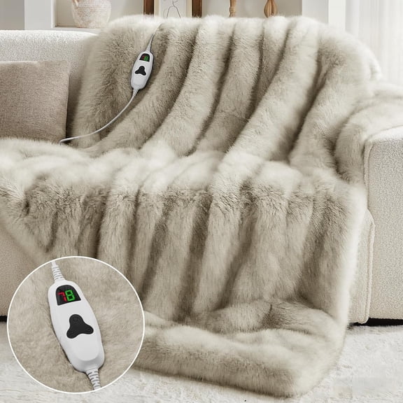 PMONPA Electric Heated Blanket, 61"×81" Faux Fur Heated Blanket for Adult, Fast Heating with 4 Hours Auto Shut Off Timer, Beige & Black
