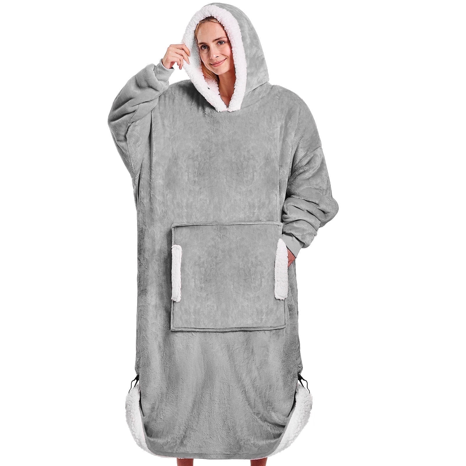 PMONPA Wearable Blanket Hoodie, Flannel Sherpa Fleece, Warm and Cozy Giant Sweatshirt for Adult, Woman and Man, One Size Fits All (Light Gray)
