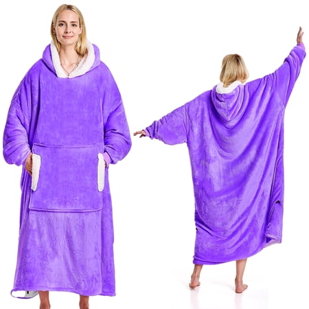 PMONPA Wearable Blanket Hoodie, Flannel Sherpa Fleece, Warm and Cozy Giant Sweatshirt for Adult, Woman and Man, One Size Fits All (Light Purple)