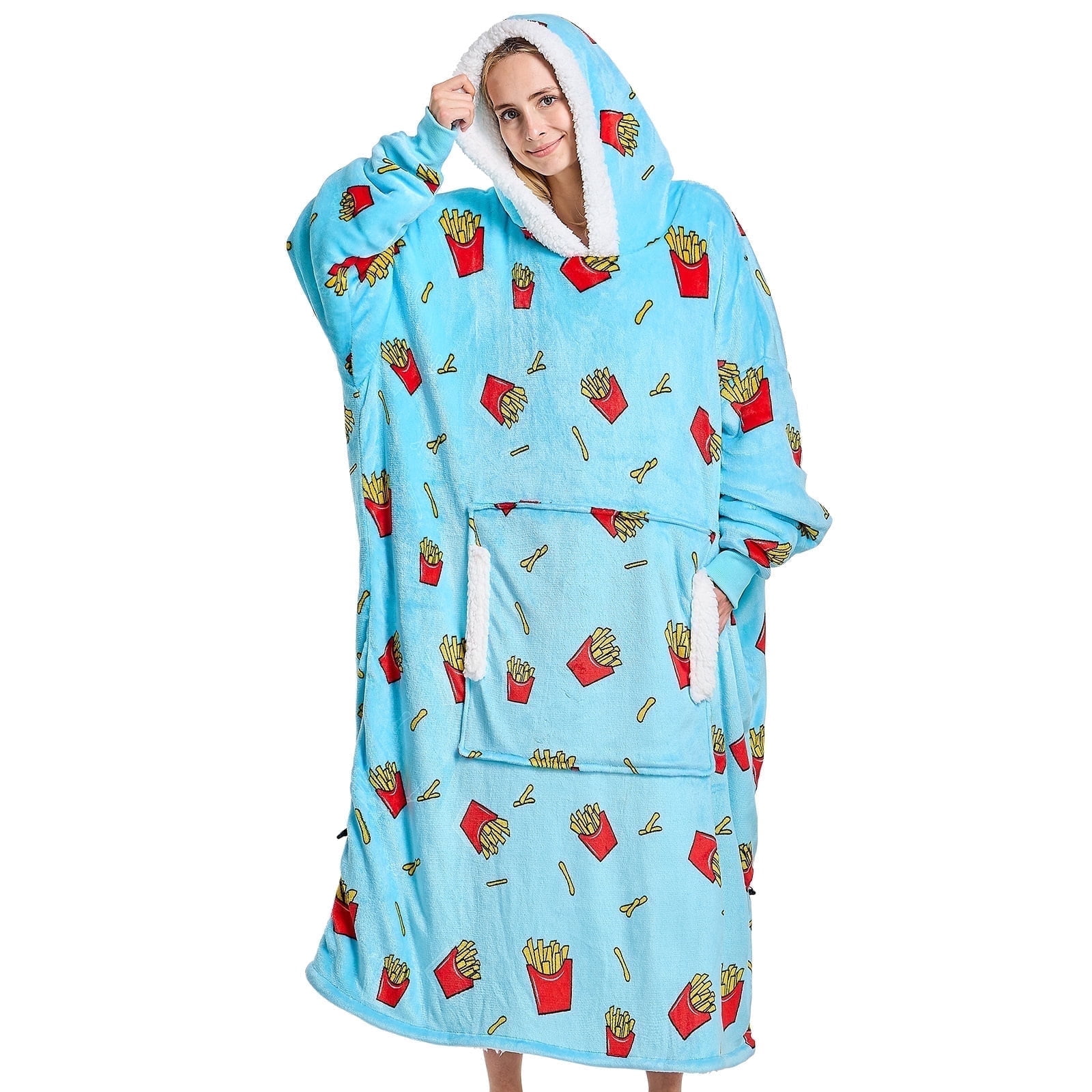 PMONPA Wearable Blanket Hoodie, Flannel Sherpa Fleece, Warm and Cozy Giant Sweatshirt for Adult, Woman and Man, One Size Fits All (Chips)