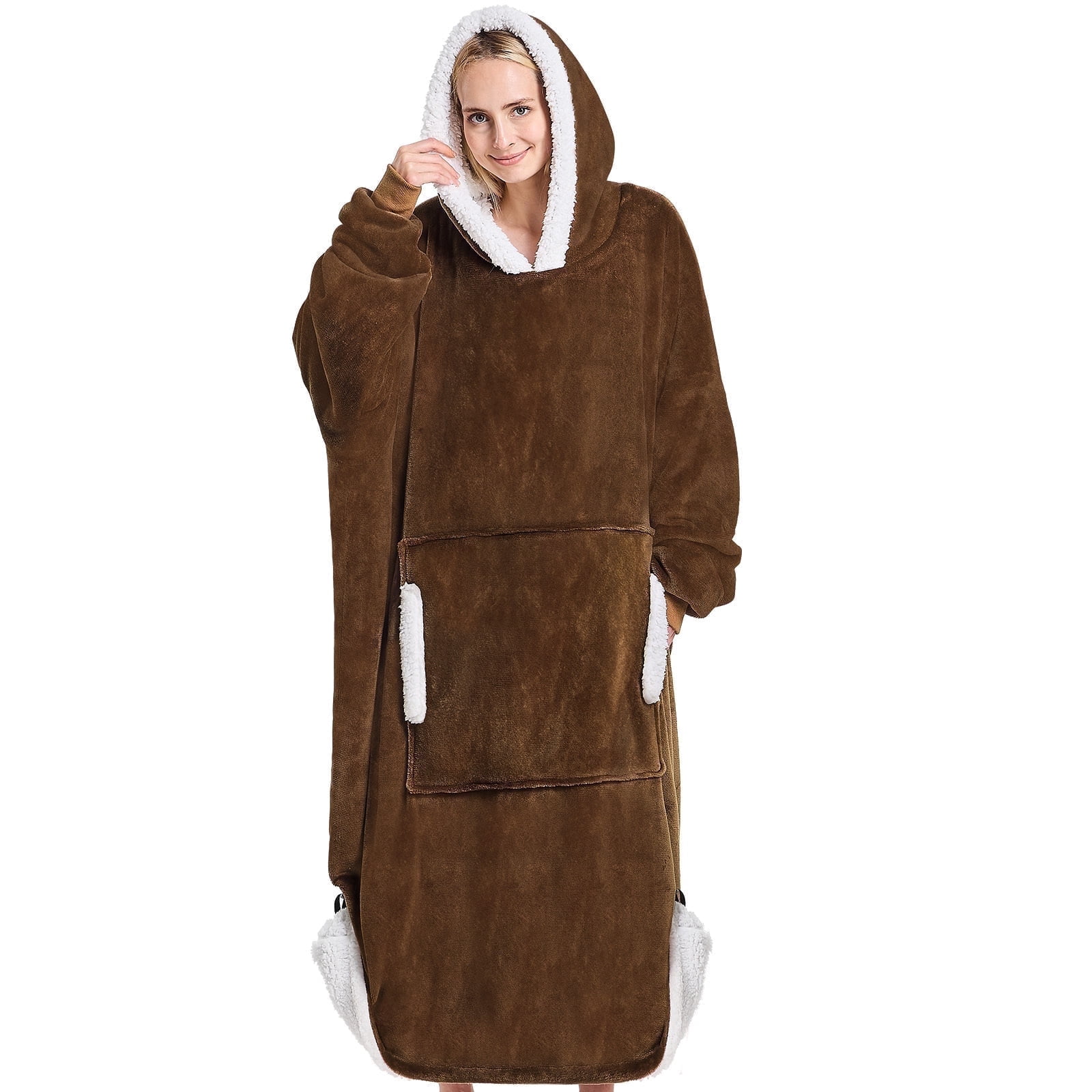 PMONPA Wearable Blanket Hoodie, Flannel Sherpa Fleece, Warm and Cozy Giant Sweatshirt for Adult, Woman and Man, One Size Fits All (Brown)