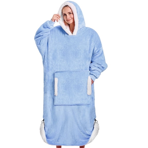 PMONPA Wearable Blanket Hoodie, Thick Flannel Sherpa Fleece, Warm and Cozy Giant Sweatshirt with Giant Pocket for Adult, Woman and Man, One Size (Sky Blue)