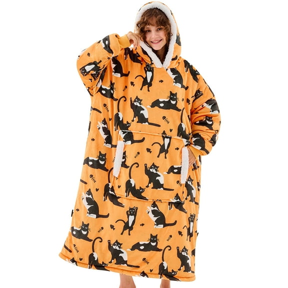 PMONPA Wearable Blanket Hoodie, Flannel Sherpa Fleece, Warm and Cozy Giant Sweatshirt for Adult, Woman and Man, One Size Fits All (Cat)