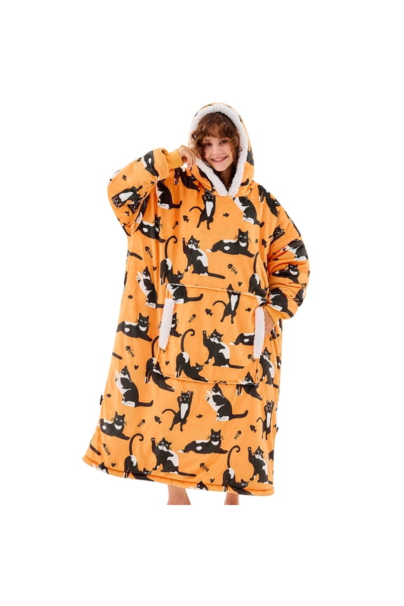 Wearable Blanket Hoodie, Flannel Sherpa Fleece, Warm and Cozy Giant Sweatshirt for Adult, Woman and Man, One Size Fits All (Cat)