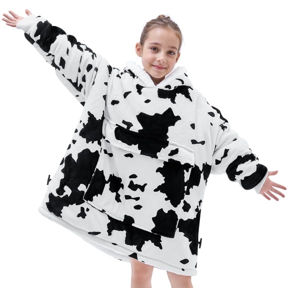 PMONPA Wearable Blanket Hoodie for Kids, Soft Double Layer Sherpa Fleece Sweatshirt,Teen Gifts for Kids, Youth, Boys, Girls, One Size, Cow