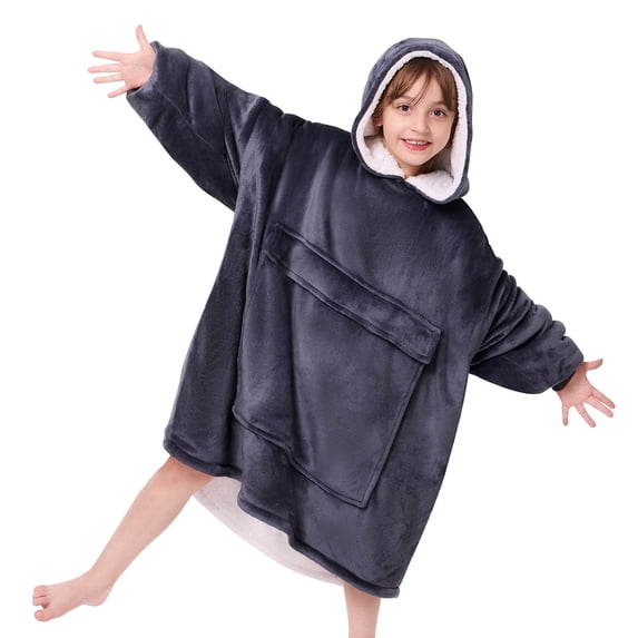 PMONPA Wearable Blanket Hoodie for Kids, Soft Double Layer Sherpa Fleece Sweatshirt,Teen Gifts for Kids, Youth, Boys, Girls, One Size, Gray