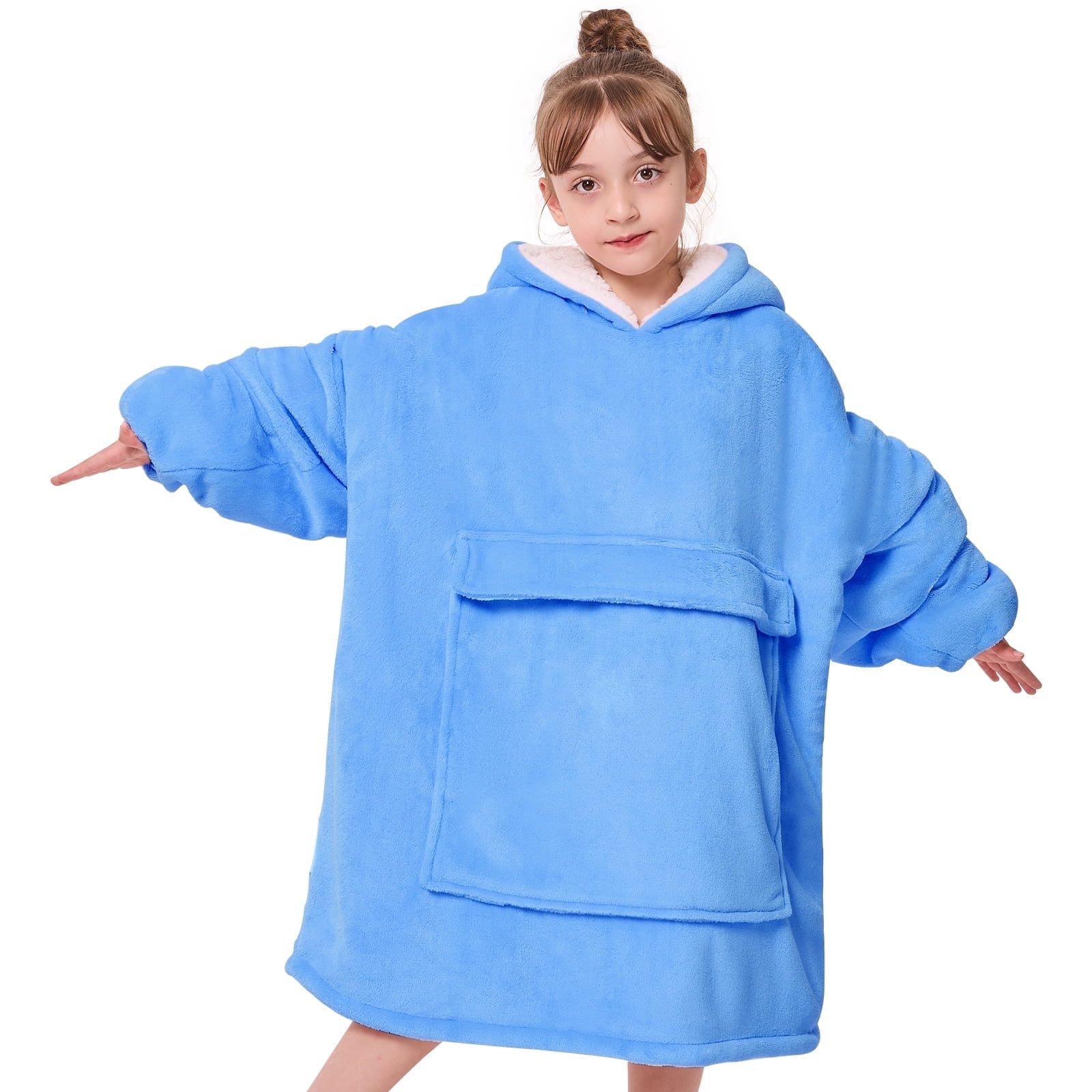 PMONPA Wearable Blanket Hoodie for Kids, Soft Double Layer Sherpa Fleece Sweatshirt,Teen Gifts for Kids, Youth, Boys, Girls, One Size, Sky Blue