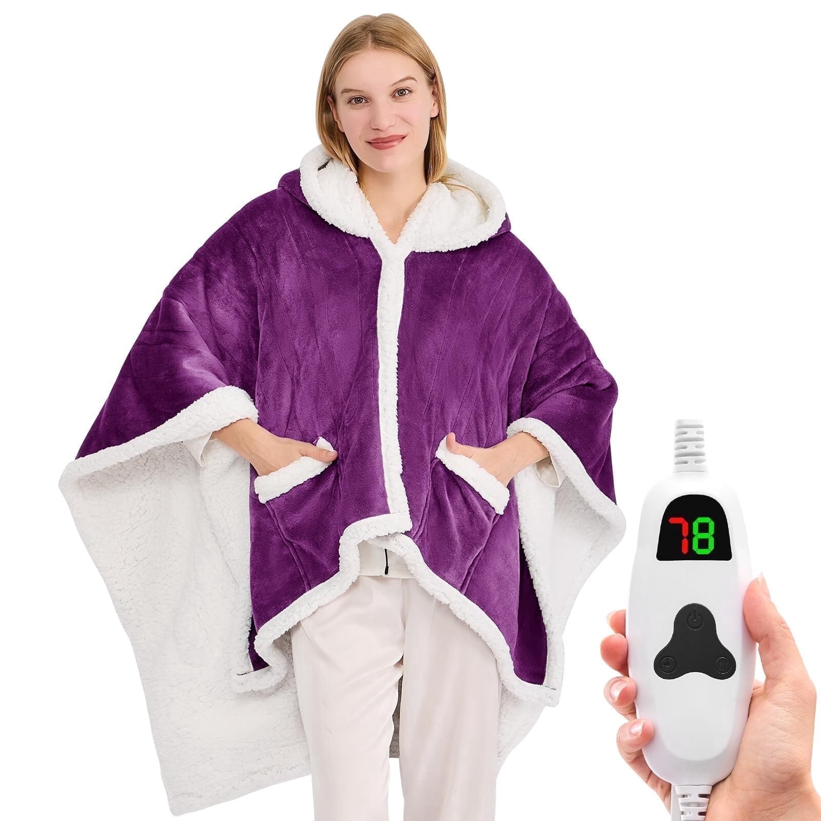 PMONPA Wearable Heated Throw Blanket for Adult, Electric Heated Wrap Poncho Shawl with Pockets, 6 Heating Levels & 2 to 10 Hours Time Settings, 51" x 61", Purple