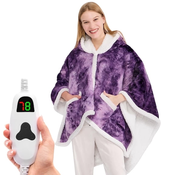 PMONPA Wearable Heated Throw Blanket for Adult, Electric Heated Wrap Poncho Shawl with Pockets, 6 Heating Levels & 2 to 10 Hours Time Settings, 51" x 61", Dyed Purple