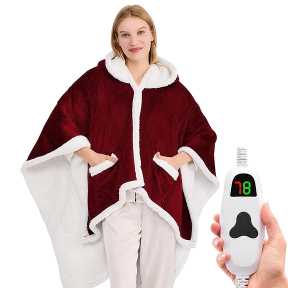 PMONPA Wearable Heated Throw Blanket for Adult, Electric Heated Wrap Poncho Shawl with Pockets, 6 Heating Levels & 2 to 10 Hours Time Settings, 51" x 61", Burgundy