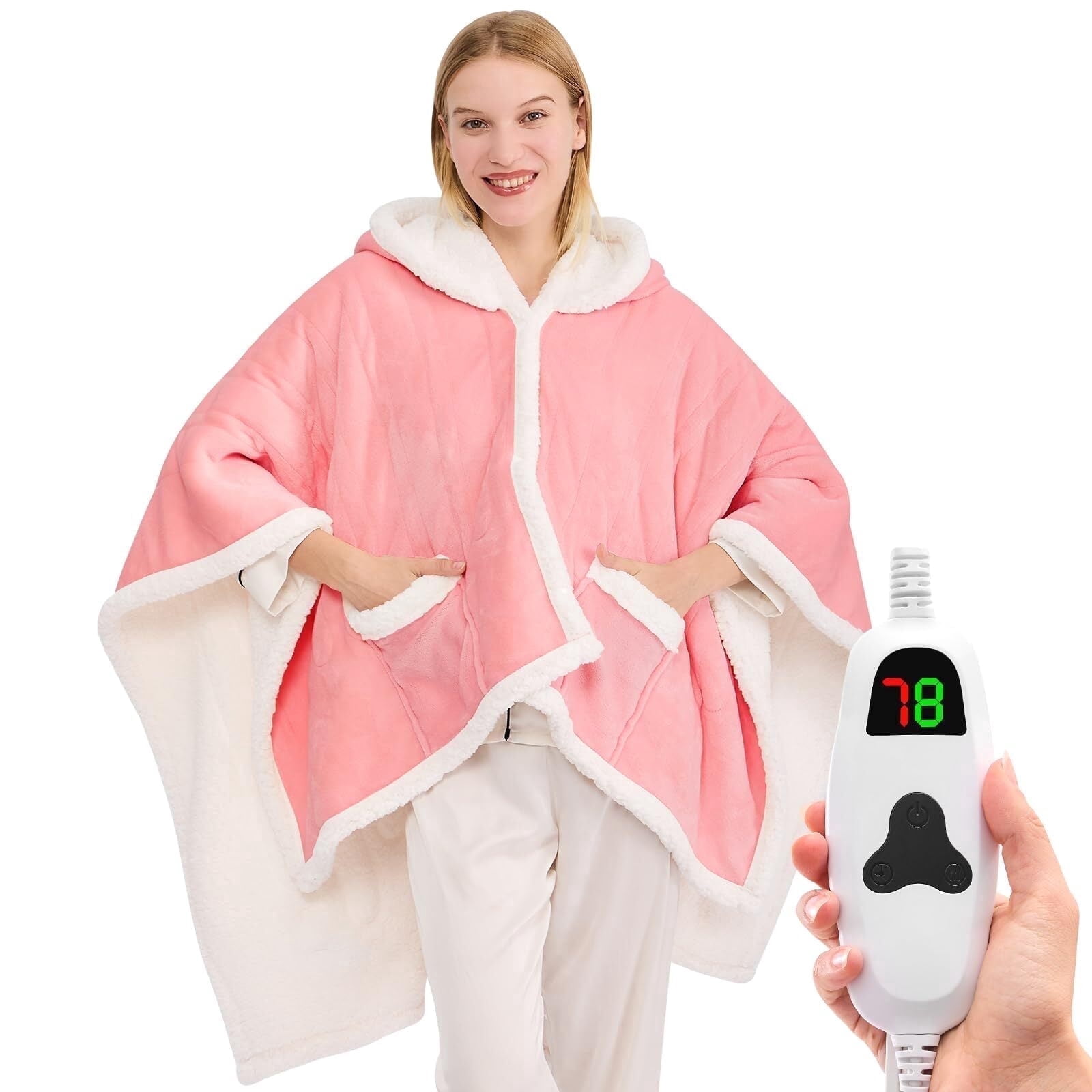 PMONPA Wearable Heated Throw Blanket for Adult, Electric Heated Wrap Poncho Shawl with Pockets, 6 Heating Levels & 2 to 10 Hours Time Settings, 51" x 61", Pink