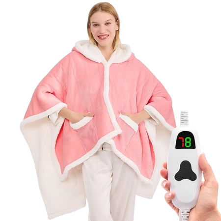 PMONPA Wearable Heated Throw Blanket for Adult, Electric Heated Wrap Poncho Shawl with Pockets, 6 Heating Levels & 2 to 10 Hours Time Settings, 51" x 61", Pink