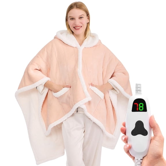 PMONPA Wearable Heated Throw Blanket for Adult, Electric Heated Wrap Poncho Shawl with Pockets, 6 Heating Levels & 2 to 10 Hours Time Settings, 51" x 61", Light Root Color