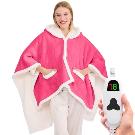 PMONPA Wearable Heated Throw Blanket for Adult, Electric Heated Wrap Poncho Shawl with Pockets, 6 Heating Levels & 2 to 10 Hours Time Settings, 51" x 61", Rose Red