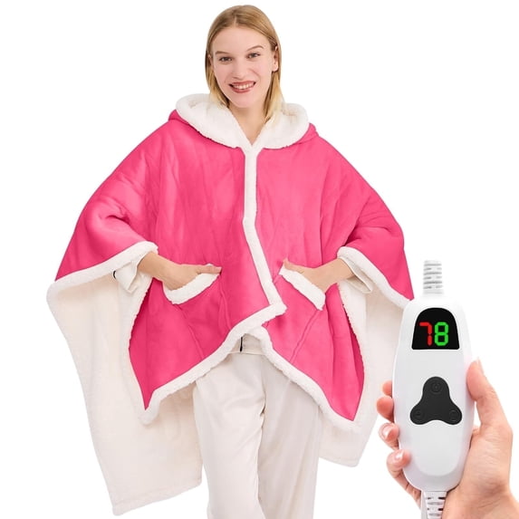 PMONPA Wearable Heated Throw Blanket for Adult, Electric Heated Wrap Poncho Shawl with Pockets, 6 Heating Levels & 2 to 10 Hours Time Settings, 51" x 61", Rose Red