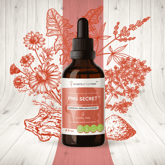 Secrets Of The Tribe PMS Secret Blend Tincture Dietary Supplement, Natural Extract, Made from Black Cohosh, Cramp, Vitex, Valerian, Dandelion, Chamomile, St. John's Wort 4 oz