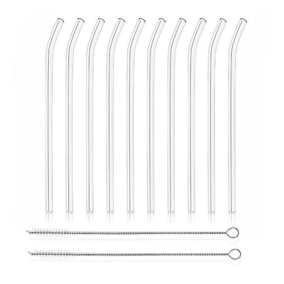 PMSSYPL Reusable Transparent Curved Borosilicate Glass Straws 7 in x 8 mm with Cleaning Brushes for Drinks