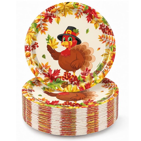 PMU 10-Piece Thanksgiving Paper Plates, 7 Inch Disposable Turkey Fall Party Plates for Dinner, Desserts, Snacks and Holiday Gatherings