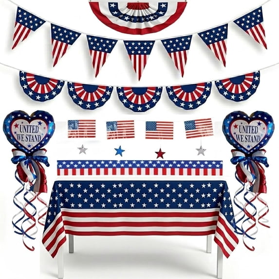 PMU 11 Pcs 4th of July Party Decor Bundle – American Flag Table Cover, Bunting, Pennant Banner, Jumbo Flag Banner, Red White Blue Star String, Party Tape Stickers, Mylar Balloon