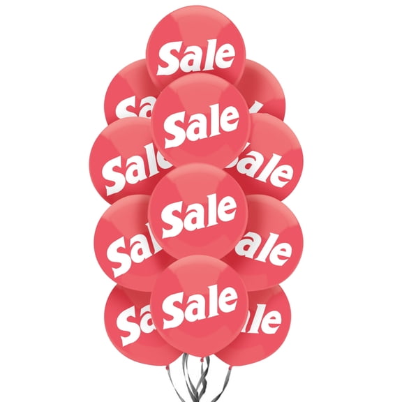 PMU 17 Inch Promotional Outdoor Display "SALE" Print Latex Balloons Red (12) Color Coordinate Ribbons Pkg/12