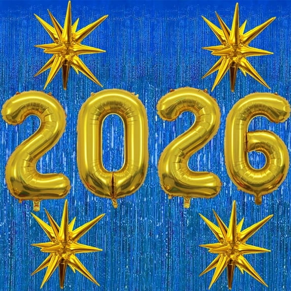 PMU 12 Pc Set Graduation 2026 - New Years 2026 Gold Balloons with Blue Curtain Backdrop Party Kit Decorations