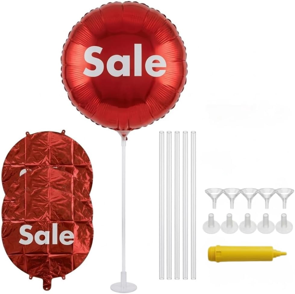 PMU 21 Pcs Round SALE Red Balloon Kit - 18 Inch Mylar Balloons with Cups, Sticks, Mini Base and Manual Hand Pump Inflator