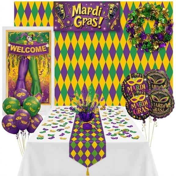 PMU 25Pc Mardi Gras Party Decorations and with Masks Harlequin Backdrop, Balloons, Door Cover, Sign Banner, Table Runner, Centerpiece & Confetti